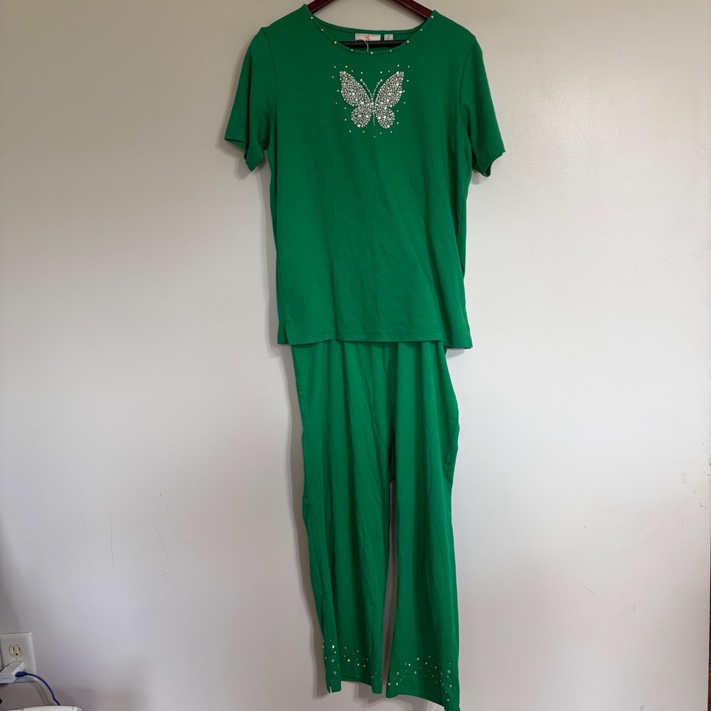 Quacker Factory Green Butterfly Pearl Rhinestone Pajama Lounge Set Top M Pants L